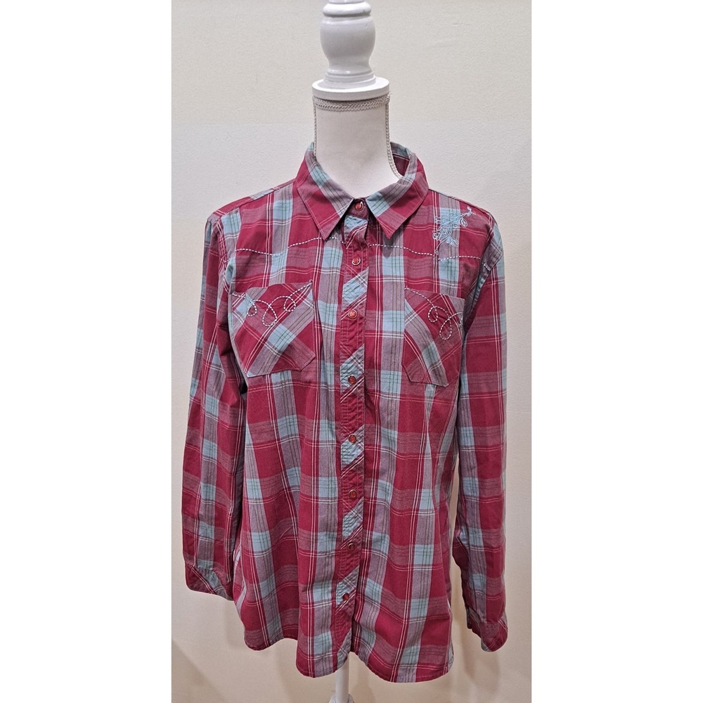 BIT & BRIDLE WESTERN EMBROIDERED SNAP UP PINK PLAID L/S ROLLTAB SHIRT SZ XL